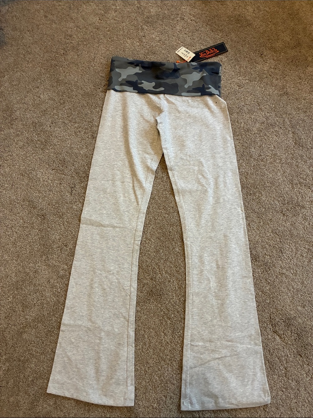 Von Dutch Light Gray Yoga Pants with Camo Fold-Over Waistband